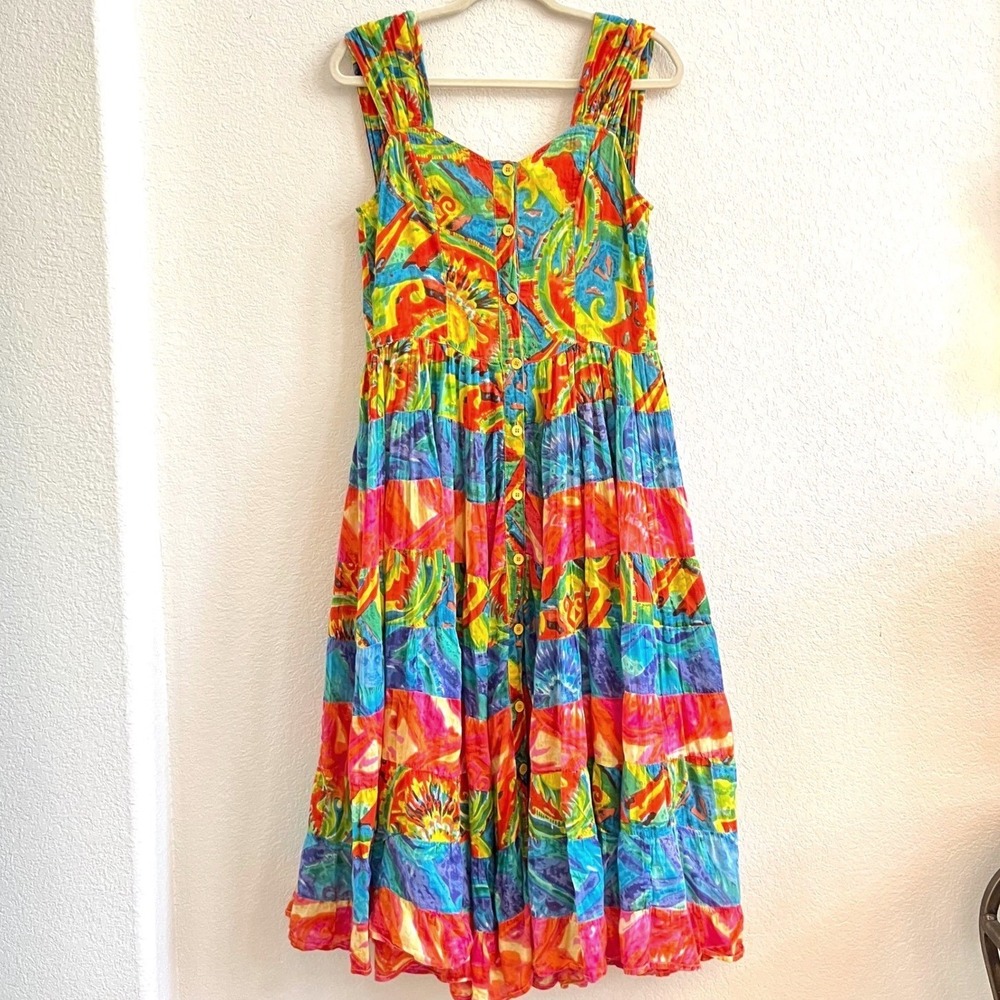 Vintage Phool Colorful Patchwork Midi‎ Dress Button Front Sundress Festival
